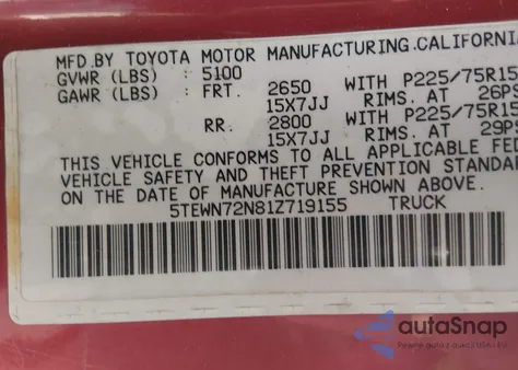 2001 Toyota Tacoma Base V6 from USA, damaged, VIN 5TEWN72N81Z719155